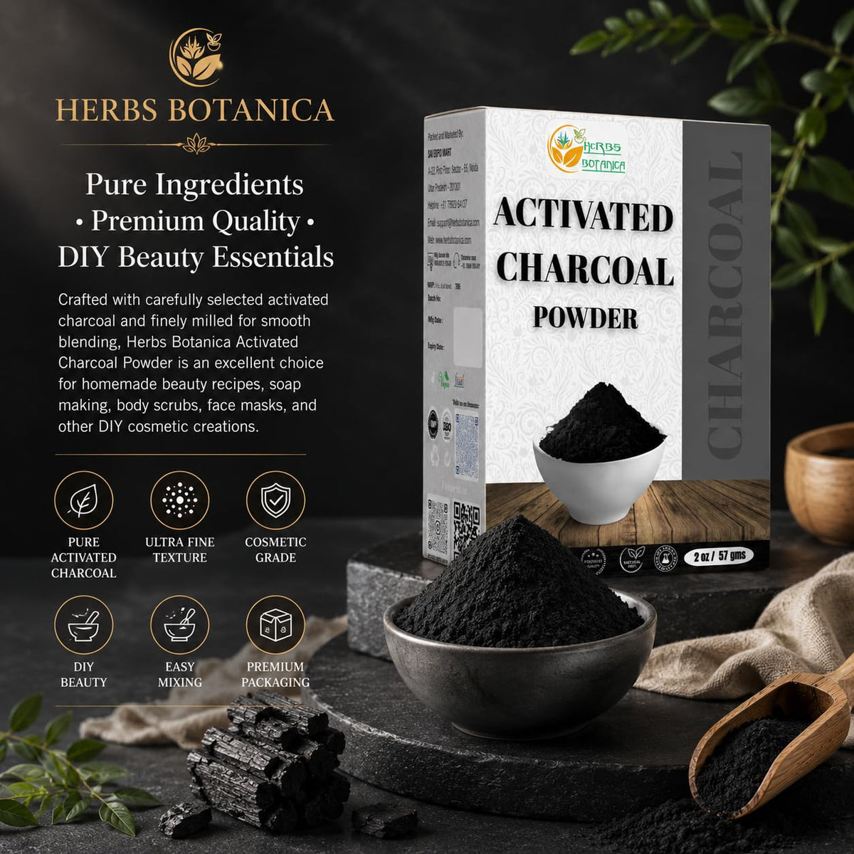 Herbs Botanica Activated Charcoal Powder, Food Grade, 2 oz