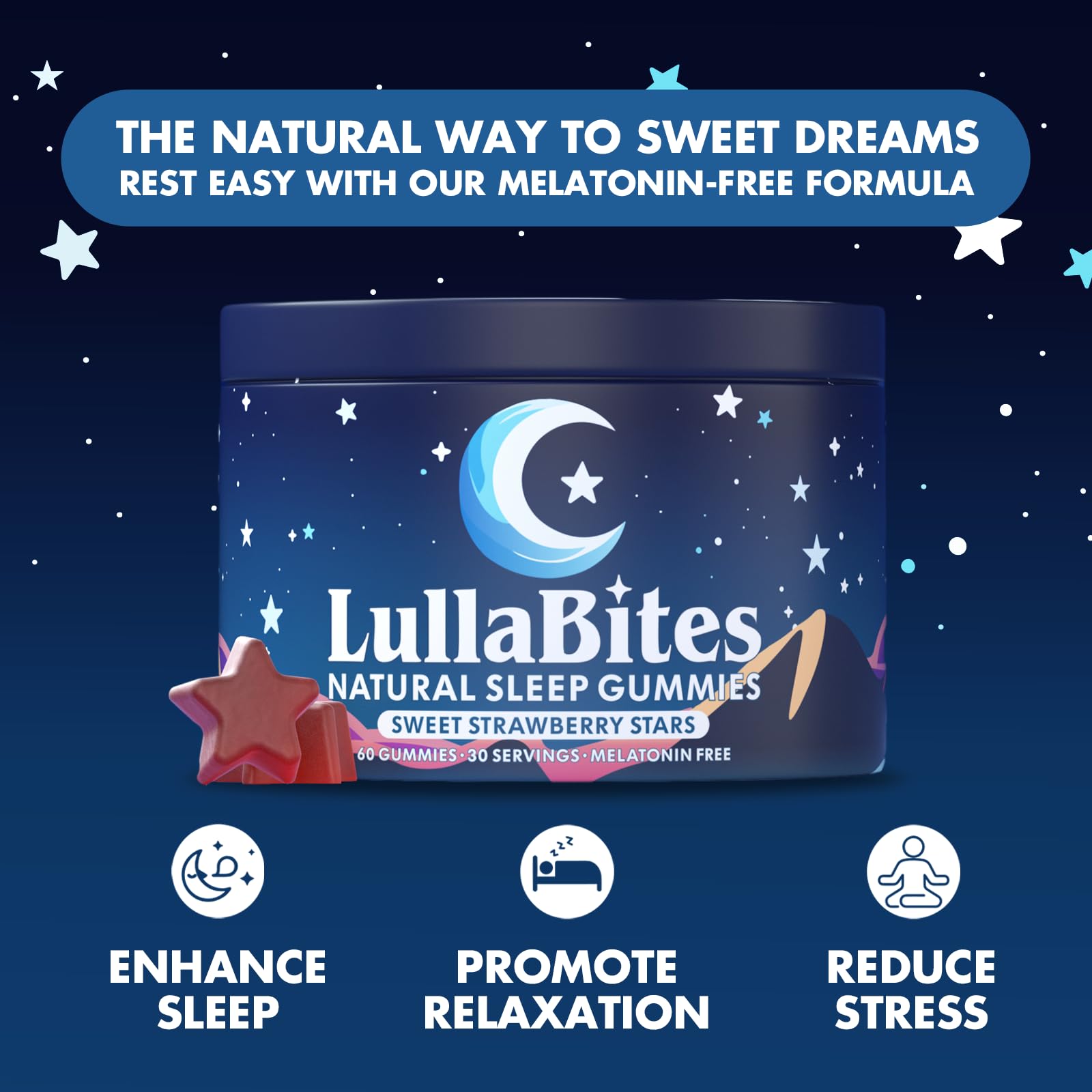 LullaBites - Natural Sleep Gummies - Made in USA - With 5-HTP, L-Theanine, Magnesium & Valerian Root - Melatonin Free - Vegan - Halal - Sugar, Gluten Free - Sweet Strawberry - 60 Gummies - 30 Servings