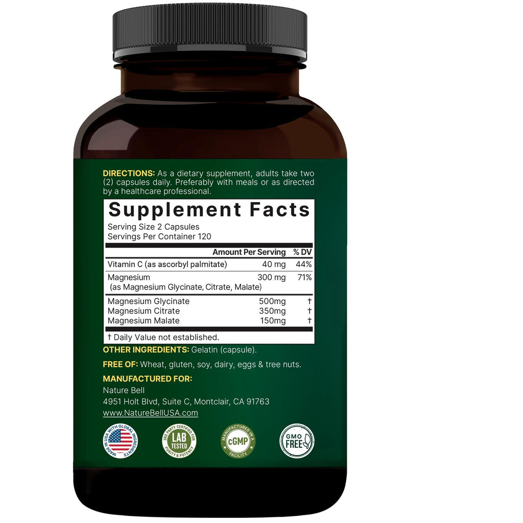 NatureBell Triple Magnesium Complex, Glycinate Citrate Malate, 240 Capsules | 1,000 mg Blend Per Serving. 3-in-1 Chelated Magnesium Supplement with Vitamin C. For Women & Men. Filler Free, Non-GMO.