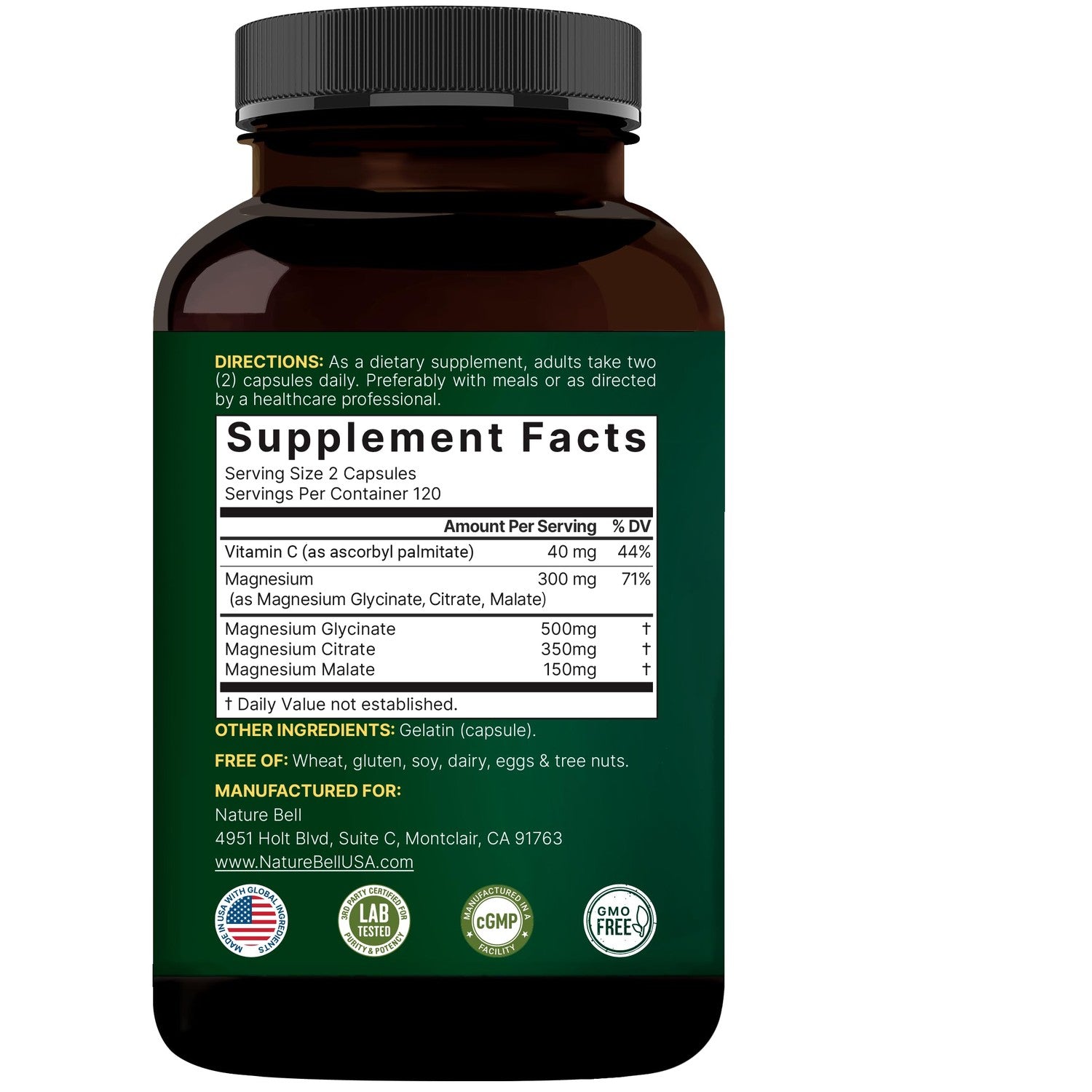 NatureBell Triple Magnesium Complex, Glycinate Citrate Malate, 240 Capsules | 1,000 mg Blend Per Serving. 3-in-1 Chelated Magnesium Supplement with Vitamin C. For Women & Men. Filler Free, Non-GMO.