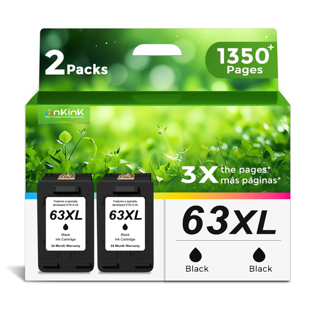 Ankink 63XL Black Ink Cartridges Replacement for HP 63 XL HP63XL (2-Pack)