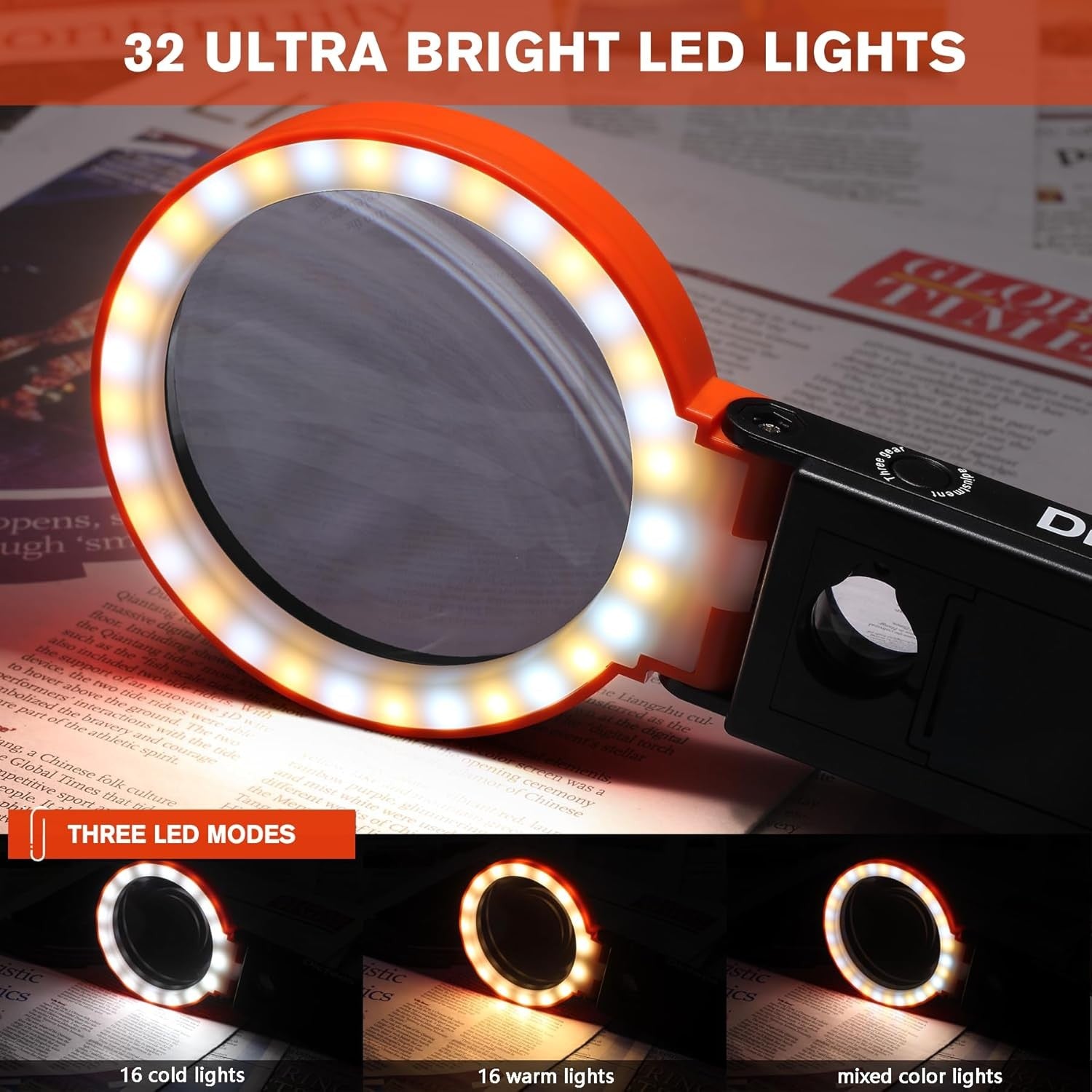 Buy now Dicfeos 30X 40X Magnifying Glass with Light and Stand, Non-Rechargeable, Folding Design 32 LED Illuminated for Close Work, Handheld Large Glasses Reading, Powered by Battery or USB at indiglob india