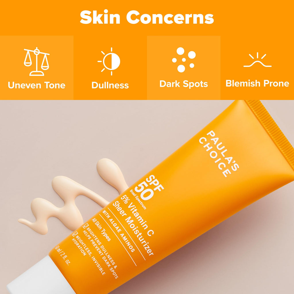 Buy now Paula's Choice 5% Vitamin C Sheer Sunscreen for Face, SPF 50 Face Sunscreen, Moisturizing, Lightweight Invisible, Prevents Dark Spots, No Cast, All Skin Types, UVA/UVB Protection, Fragrance-Free, 2oz at indiglob india