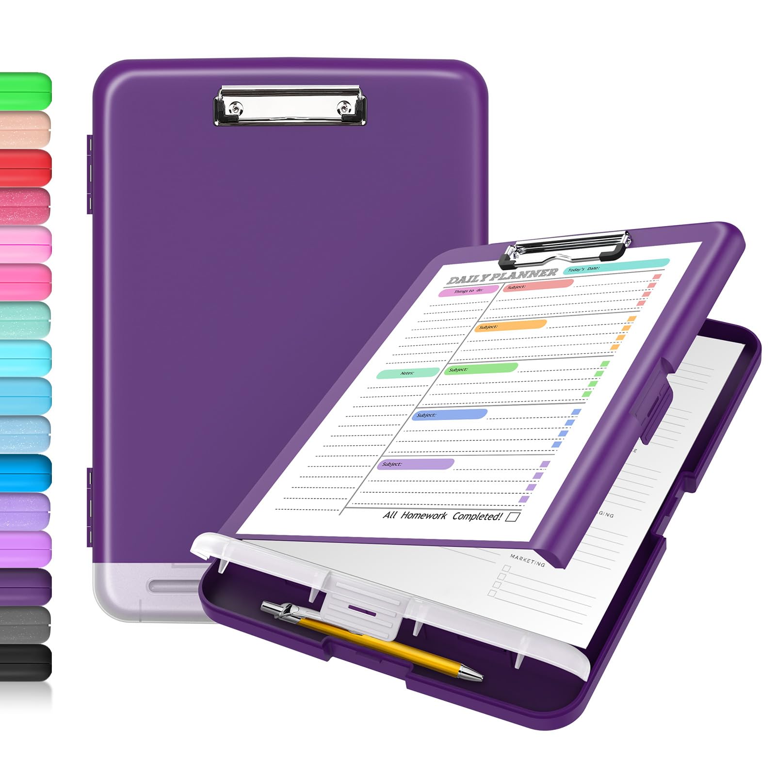 Buy now Sooez Clipboard with Storage, Clip Board 8.5 x 11 with Pen Holder, Plastic Organization Case Box for Letter Legal A4 Size Paper, Low Profile Clip, Nurses Teachers Must Haves, School & Office Supplies Dark Purple at indiglob india