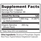 NATURELO Vegan B12 - Methylcobalamin, 90 Capsules | Organic Spirulina, Methyl B12 1000 mcg, Supports Healthy Mood, Energy, Heart & Eye Health, Vitamin B12 1000 mcg