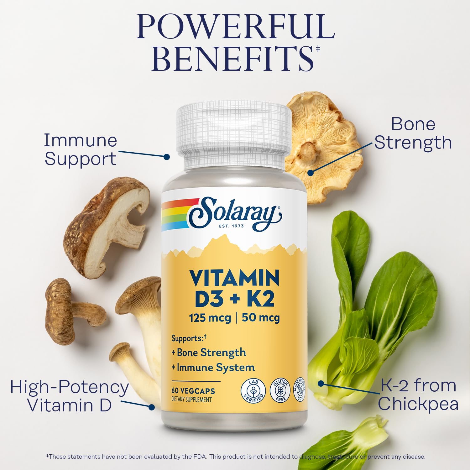 SOLARAY Vitamin D3 K2 Capsules, 60 VegCaps | Bone & Immune Support, 5000 IU Vitamin D3, 50 mcg MK7 Vitamin K2, 60 Servings, Made Without Soy, Lab Verified