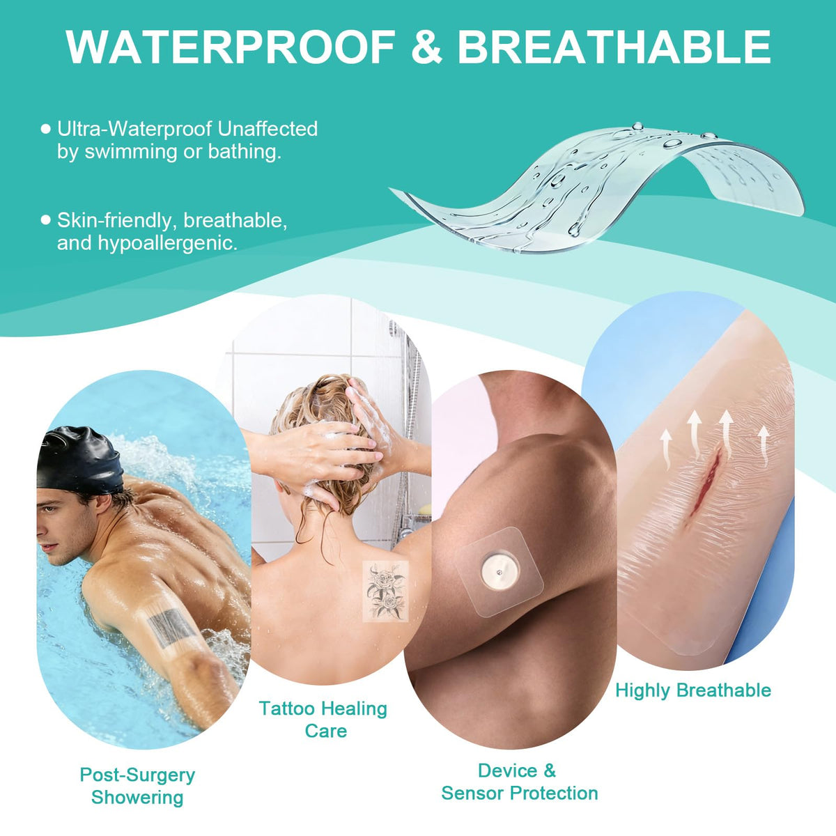 50PCS Transparent Film Dressing, 4" x 4.75" (20 PCS)+2.38" x 2.75" (30 PCS),Waterproof Clear Adhesive Bandages for Wound Care, IV Shield & Tattoo Aftercare