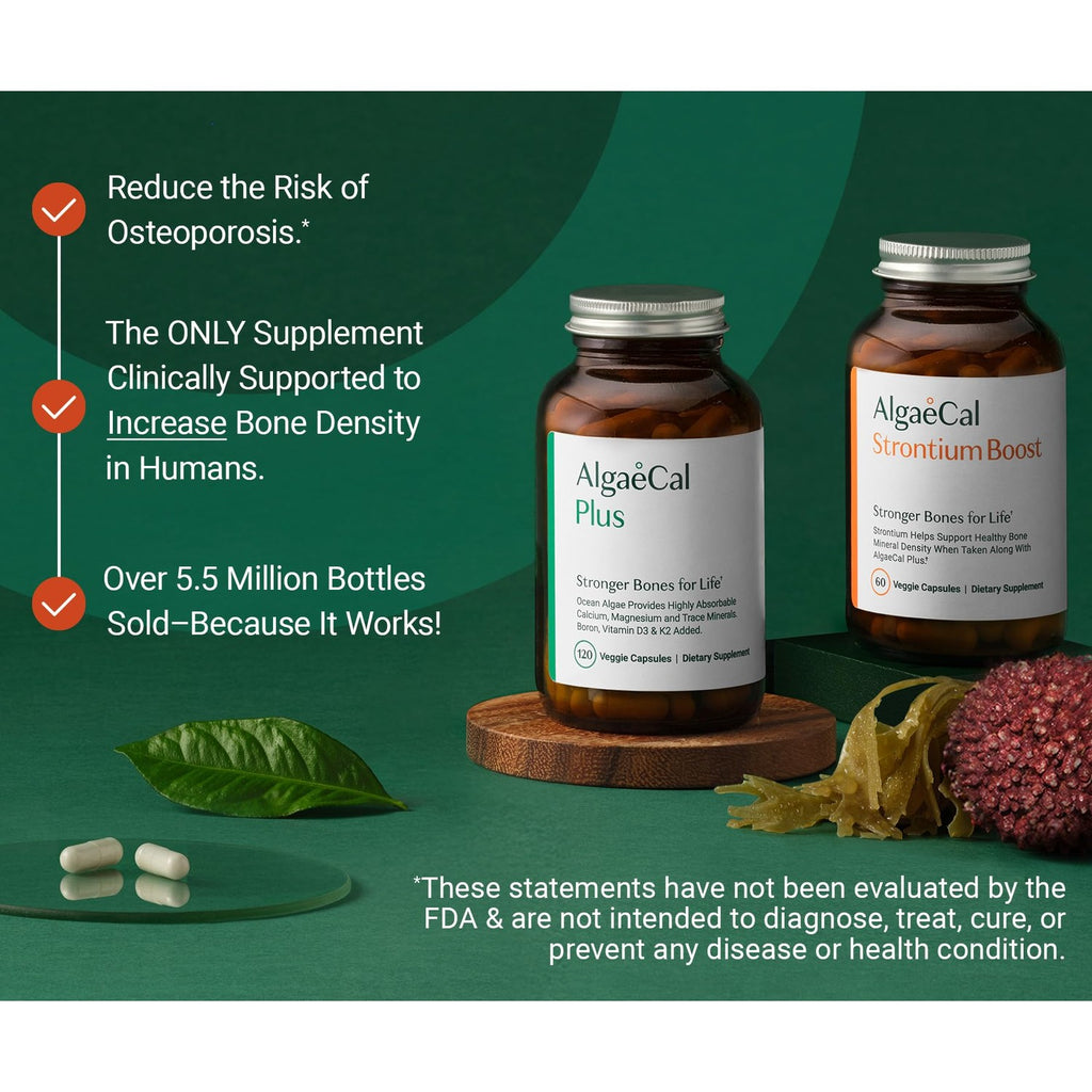 ALGAECAL Bone Builder Pack, Calcium + Strontium for Bone Density, 1 Month | Plant calcium (720mg) plus strontium, D3 (1600IU), K2 (100mg), magnesium (350mg) & 16 nutrients for bone density support.