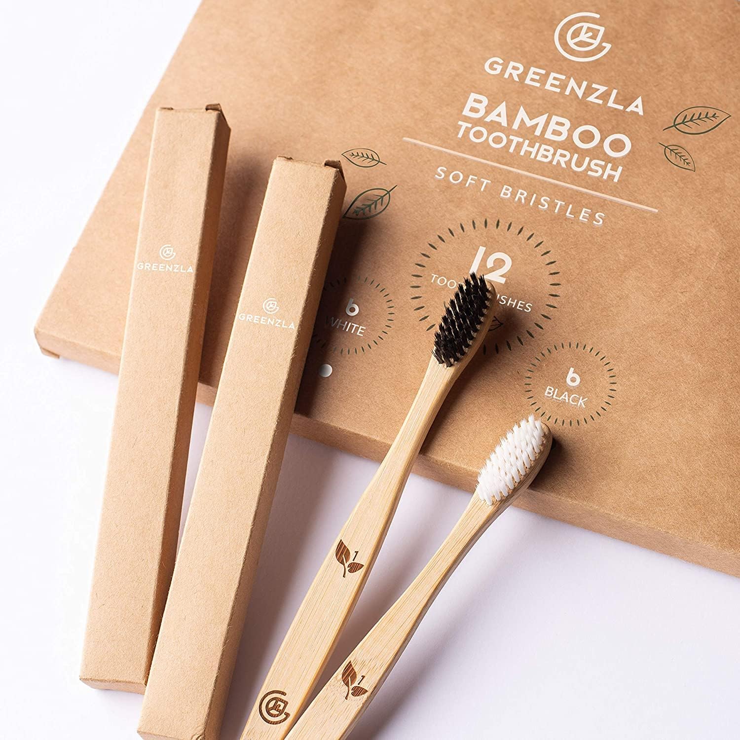 Buy now Greenzla Bamboo Toothbrushes for Adults â€“ 12 Pack Wooden Toothbrush Set with Charcoal-Infused Soft Bristles, Natural Oral Care for Daily Use at indiglob india