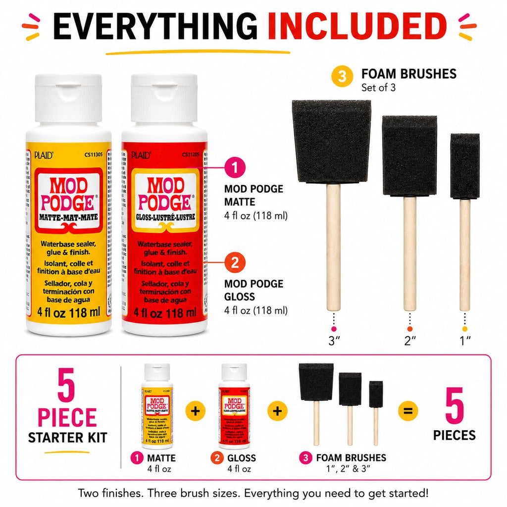 Mod Podge Decoupage Starter Kit, Gloss and Matte Medium with 3 Pixiss Foam Brushes, Waterproof for Puzzles, Wood and More