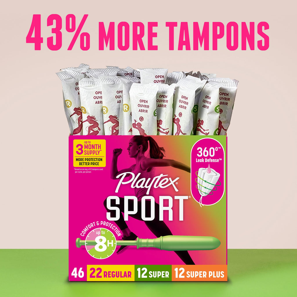 Playtex Sport Tampons Multipack, Regular/Super/Super Plus, No Fragrance, 46 ct