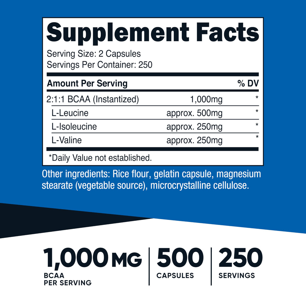 Nutricost BCAA 1000mg, 500 Capsules, 2:1:1 Branched Chain Amino Acids | 250 Servings, 500mg L-Leucine, 250mg L-Isoleucine, 250mg L-Valine