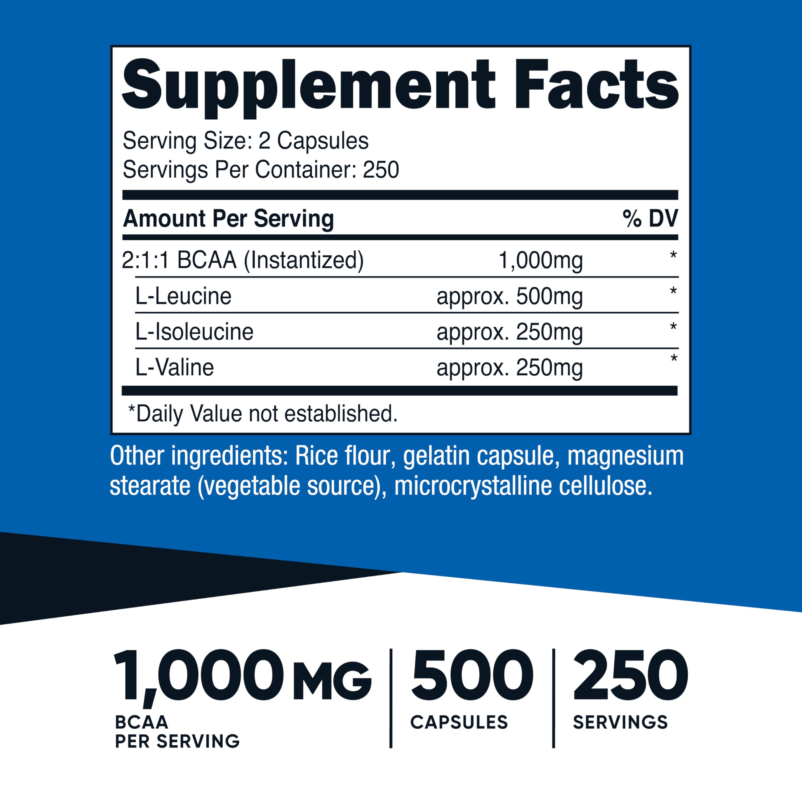 Nutricost BCAA 1000mg, 500 Capsules, 2:1:1 Branched Chain Amino Acids | 250 Servings, 500mg L-Leucine, 250mg L-Isoleucine, 250mg L-Valine