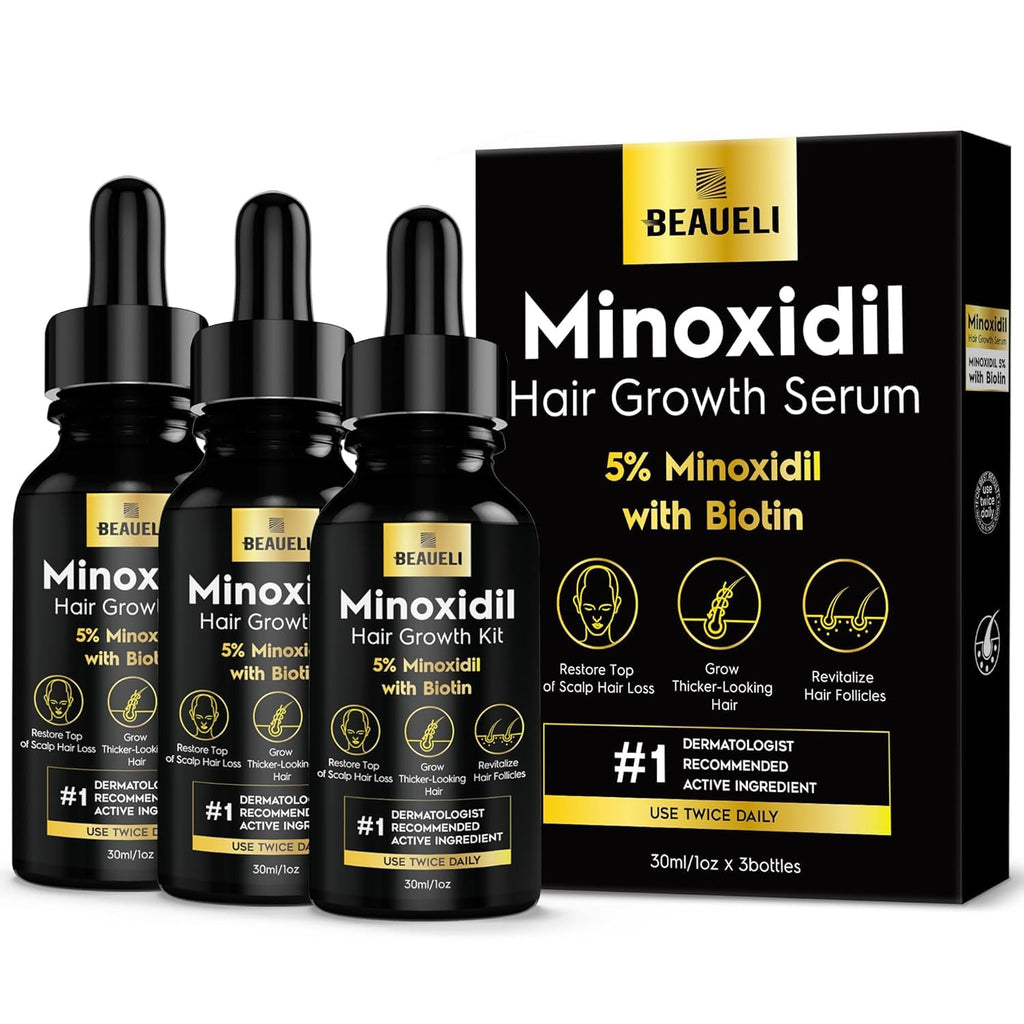 Beaueli 5% Minoxidil for Men and Women, Hair Growth, Beard Growth, Hair Regrowth, Unscented Drop, 3 Fl Oz, 3 Bottles | Minoxidil Hair Growth Oil for Men & Women, 5% Minoxidil Serum Hair Regrowth Treatment with Biotin for Thicker, Fuller Hair