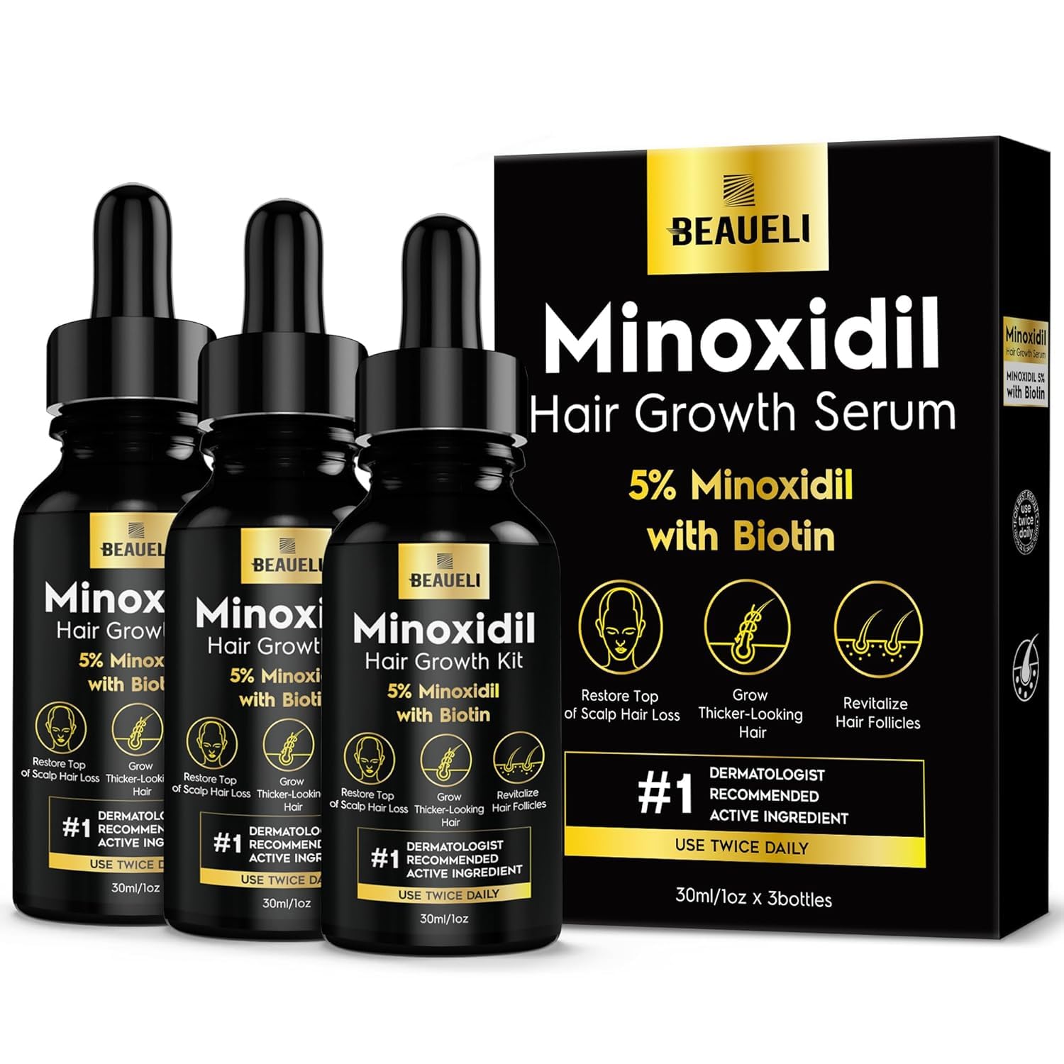Beaueli 5% Minoxidil for Men and Women, Hair Growth, Beard Growth, Hair Regrowth, Unscented Drop, 3 Fl Oz, 3 Bottles | Minoxidil Hair Growth Oil for Men & Women, 5% Minoxidil Serum Hair Regrowth Treatment with Biotin for Thicker, Fuller Hair