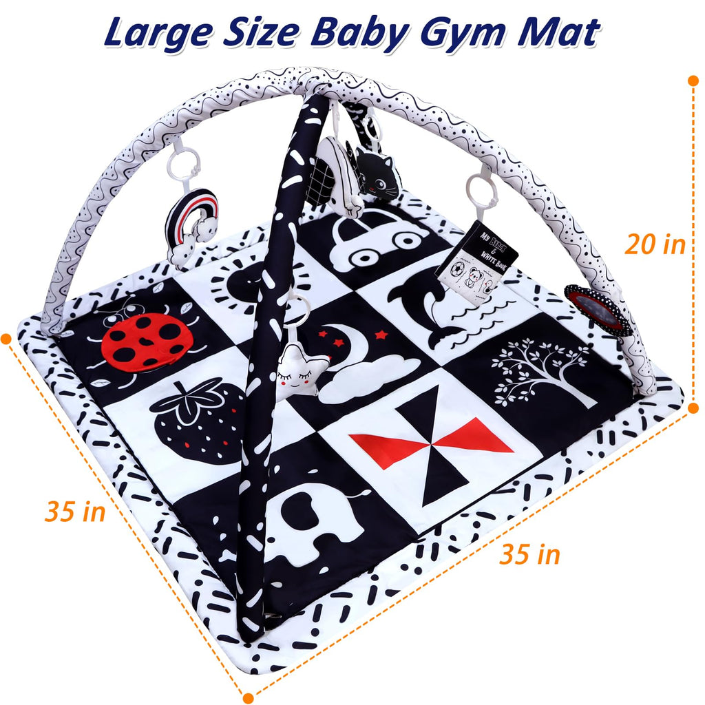 Poycuna Black and White Baby Gym Play Mat with 6 Toys Tummy Time Activity Mat for Babies 0-6 6-12 Months High Contrast Baby Gyms & Playmats Sensory Toys Newborn Brain Development Infant Play Mat