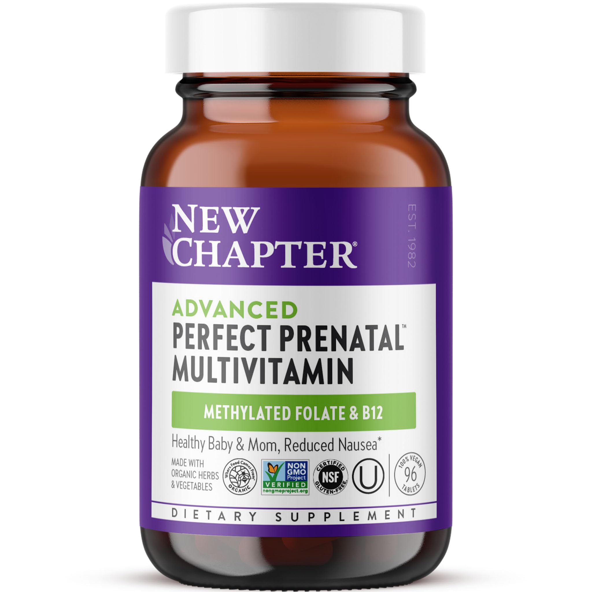 New Chapter Advanced Perfect Prenatal Vitamins, 96 Count | Non-GMO Formula with Methylfolate, Fermented Iron, Vitamin D3 and Ginger for Healthy Baby and Mom, Made with Organic Herbs