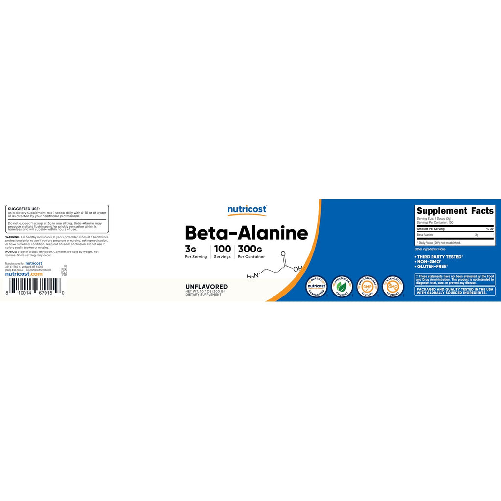 Nutricost Beta Alanine Powder 300 Grams (10.7oz) - 3 Grams Per Serving