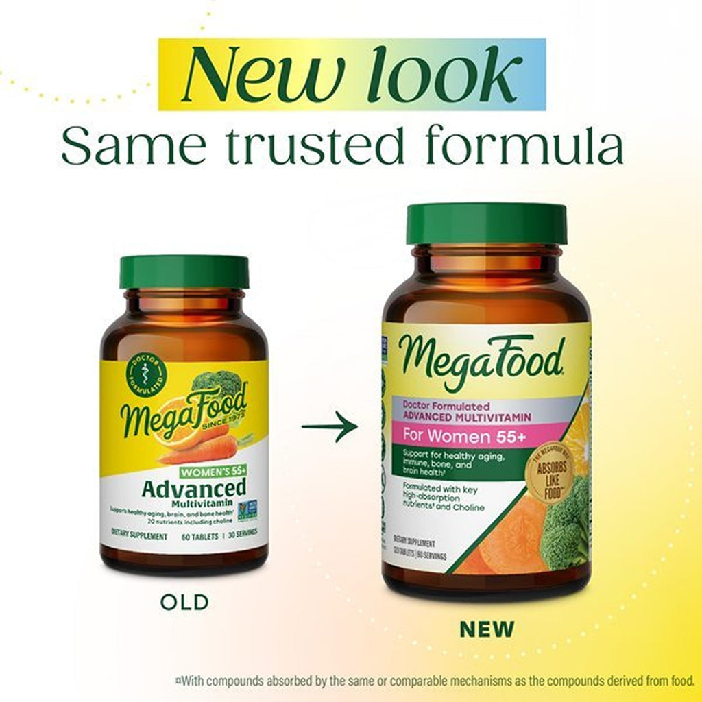 MegaFood Advanced Multivitamin for Women 55+ Doctor Formulated, 60 Tablets | For Healthy Aging, Immune Support, Bone and Brain Health, Choline, Methylated B12, Methylfolate, Vegetarian, 30 Servings