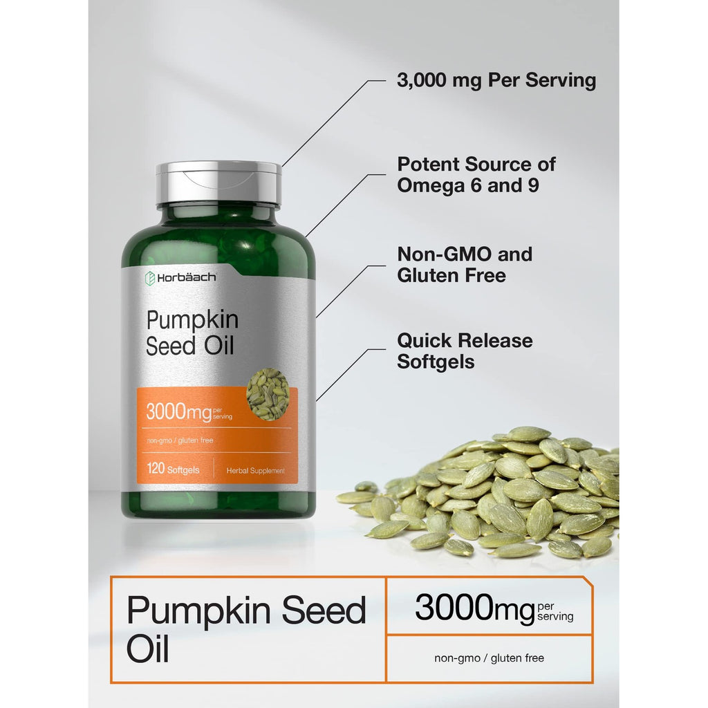 Horbäach Pumpkin Seed Oil 3000mg | 120 Softgel Capsules | Essential Fatty Acids with Omega 6 and 9 | Cold Pressed Dietary Supplement | Non-GMO and Gluten Free Formula