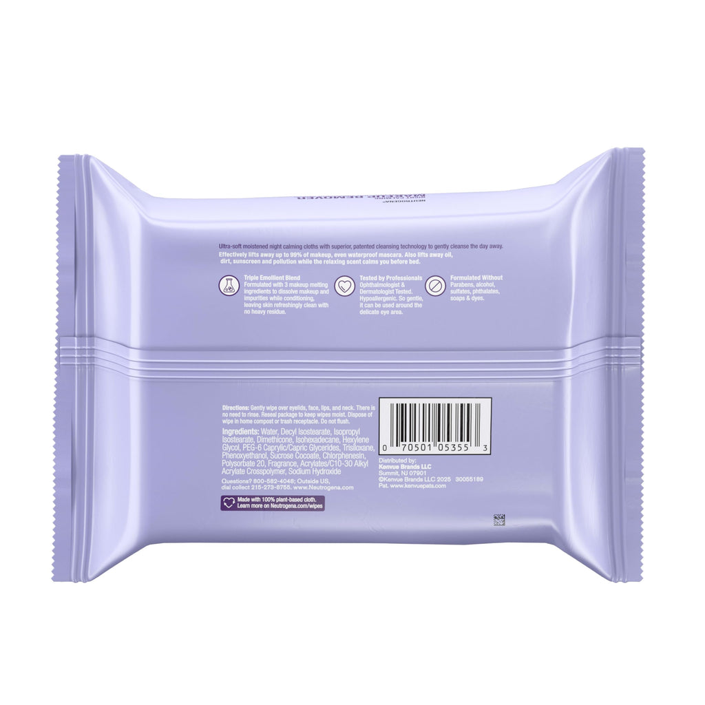 Buy now Neutrogena Makeup Remover Night Calming Cleansing Towelettes, Disposable Nighttime Face Wipes to Remove Dirt, Oil & Makeup, 25 ct at indiglob india