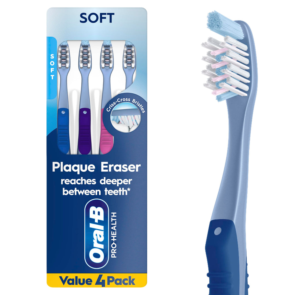 Oral-B Toothbrush Pro-Health Plaque Eraser Manual Toothbrush, Reaches Deeper Between Teeth, Soft, 4 Count