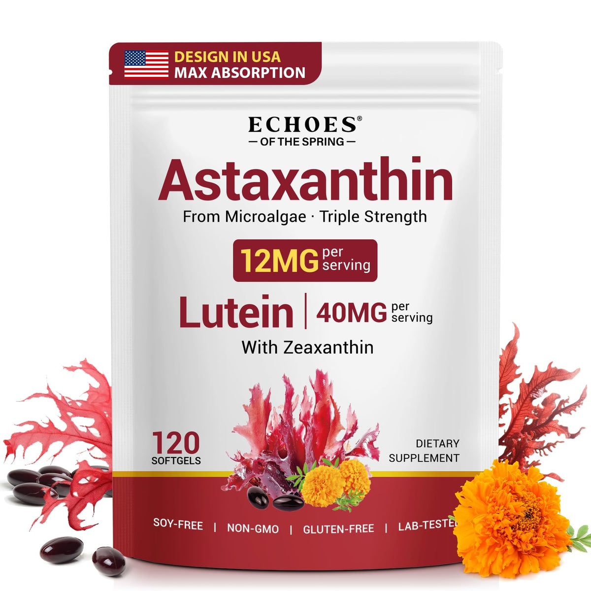Astaxanthin 12mg & Lutein 40mg with Zeaxanthin Supplements, Fresh Microalgae Source, Supports Eye, Skin, Antioxidant, Joint, Circulatory Health, Gluten Free, 4 Month Supply | 120 Softgels
