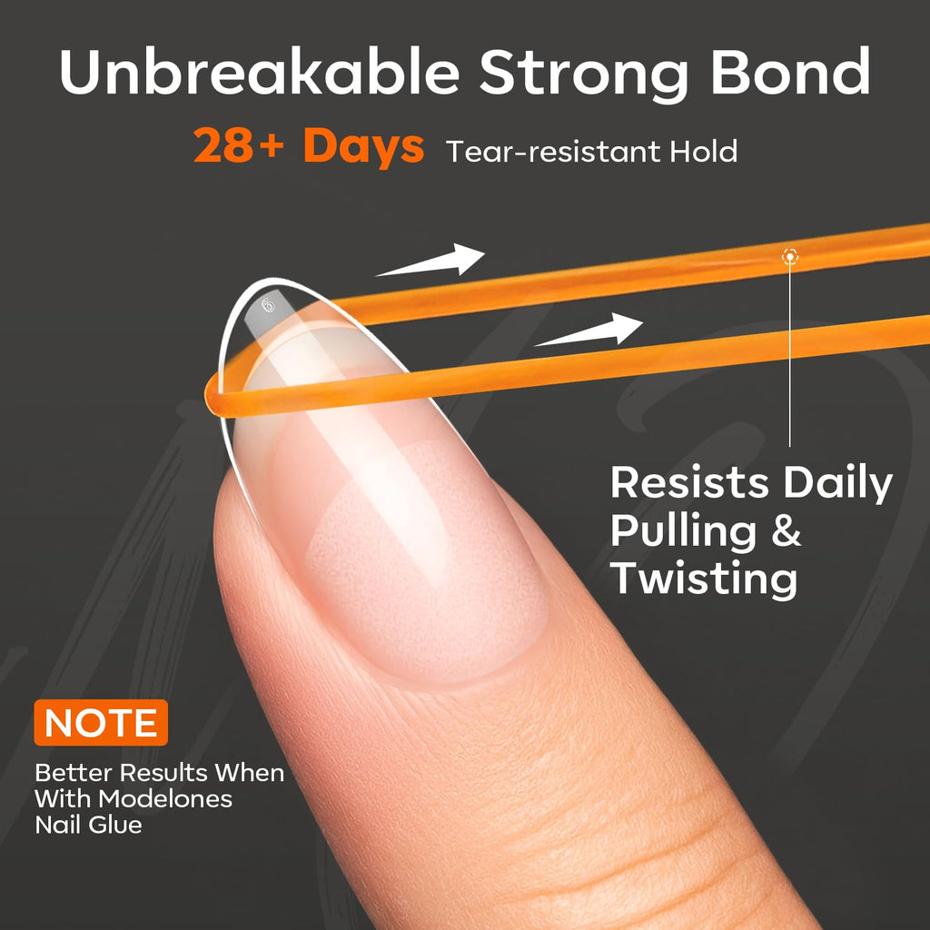 Modelones Short Almond Nail Tips 360pcs feature a strong, unbreakable bond lasting over 28 days; ideal for daily wear.