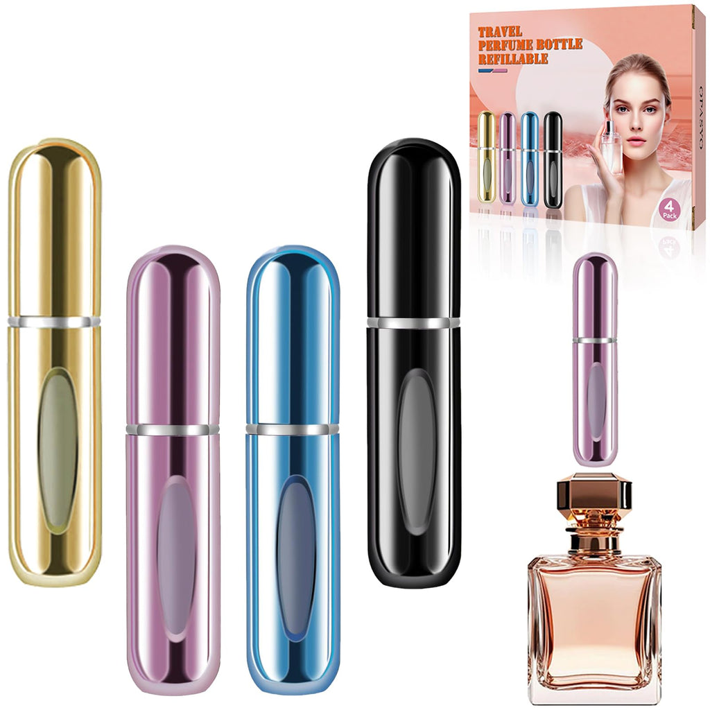 opasyo Refillable Perfume Atomizer, Leak-Proof, 5ml 4 Pack | Portable travel perfume spray bottle. Includes Gold/Pink/Blue/Black. Perfect essentials for traveling and outgoing.
