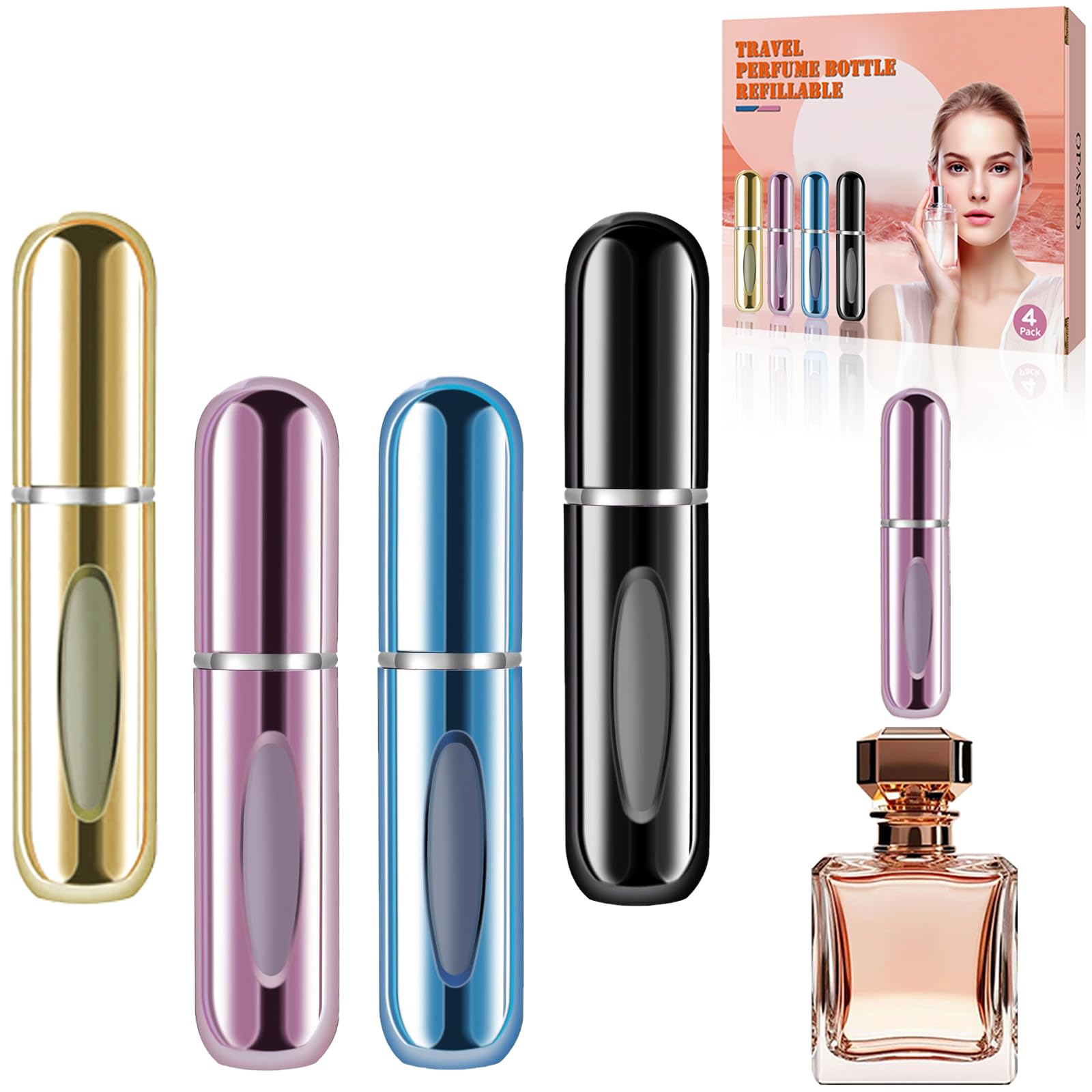 opasyo Refillable Perfume Atomizer, Leak-Proof, 5ml 4 Pack | Portable travel perfume spray bottle. Includes Gold/Pink/Blue/Black. Perfect essentials for traveling and outgoing.