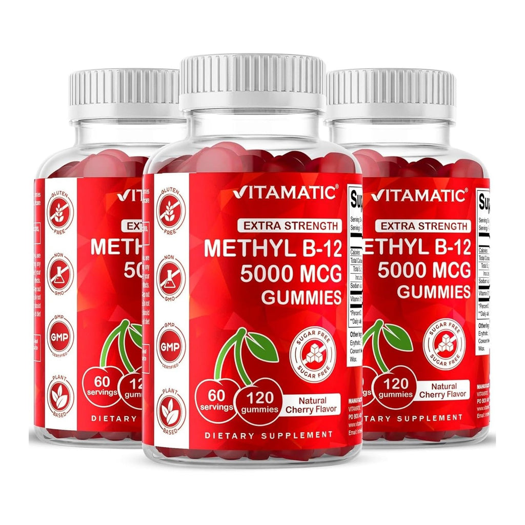 Vitamatic Methyl B12 5000 mcg, 120 Gummies, Natural Cherry Flavor | Extra Strength, Energy Metabolism Support and Nervous System Health Support*, Non-GMO, Gluten Free