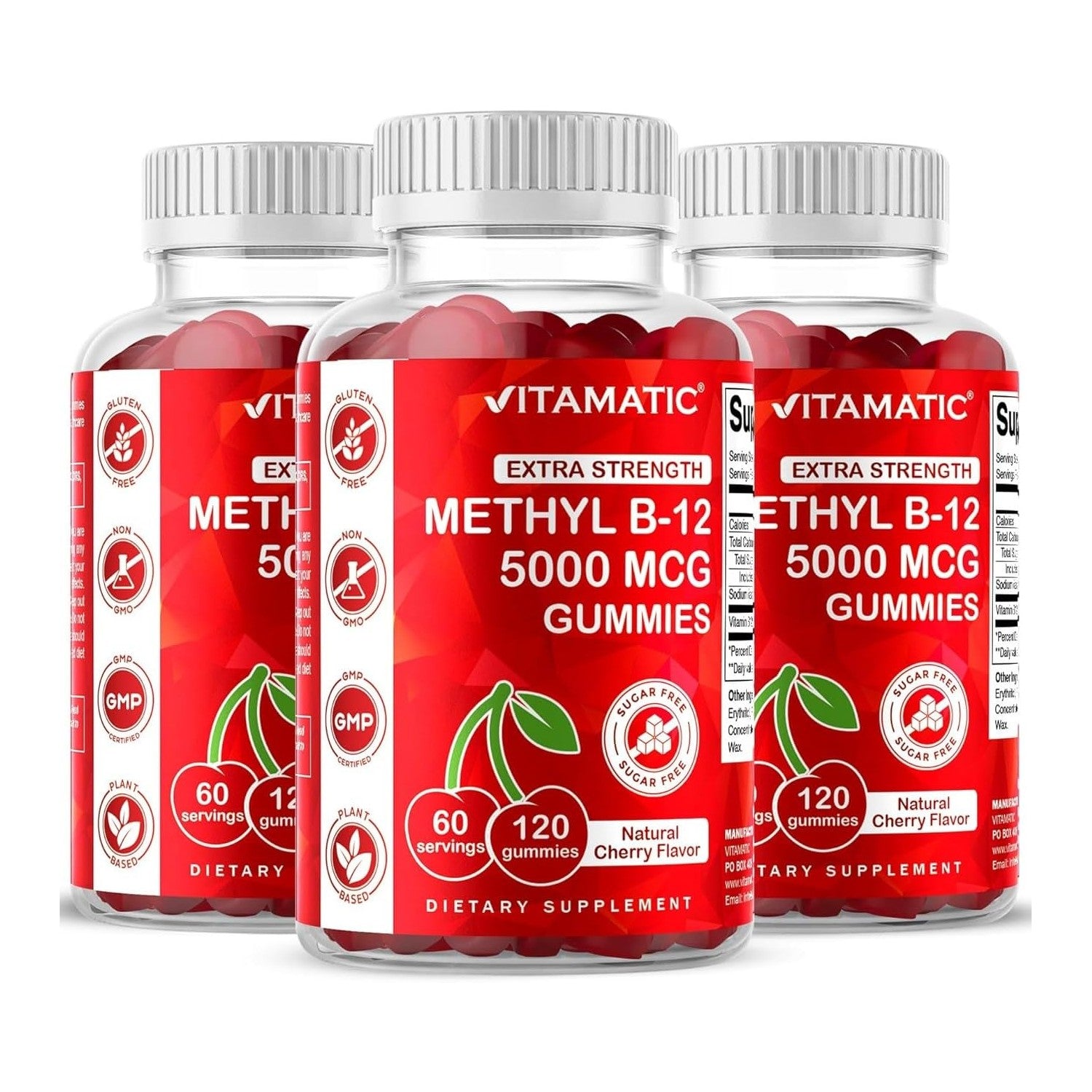 Vitamatic Methyl B12 5000 mcg, 120 Gummies, Natural Cherry Flavor | Extra Strength, Energy Metabolism Support and Nervous System Health Support*, Non-GMO, Gluten Free