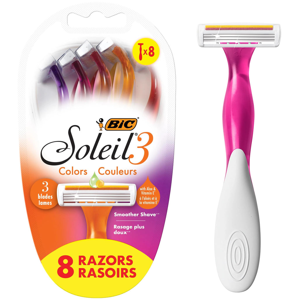 BIC Soleil 3 Colors Women's Disposable 3-Blade Razors, Aloe Vera Strip, College Dorm Room Essential, Shower Caddy and Toiletry Bag Ready, 14-Pack