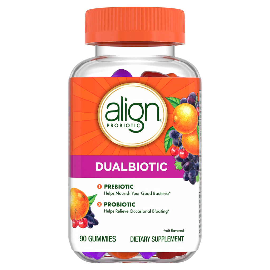 Align Dualbiotic, Prebiotics and Probiotics for Women and Men, Probiotics for Digestive Health, Prebiotics Help Nourish Good Bacteria, Natural Fruit Flavors, 90 Probiotic Gummies (Packaging May Vary)