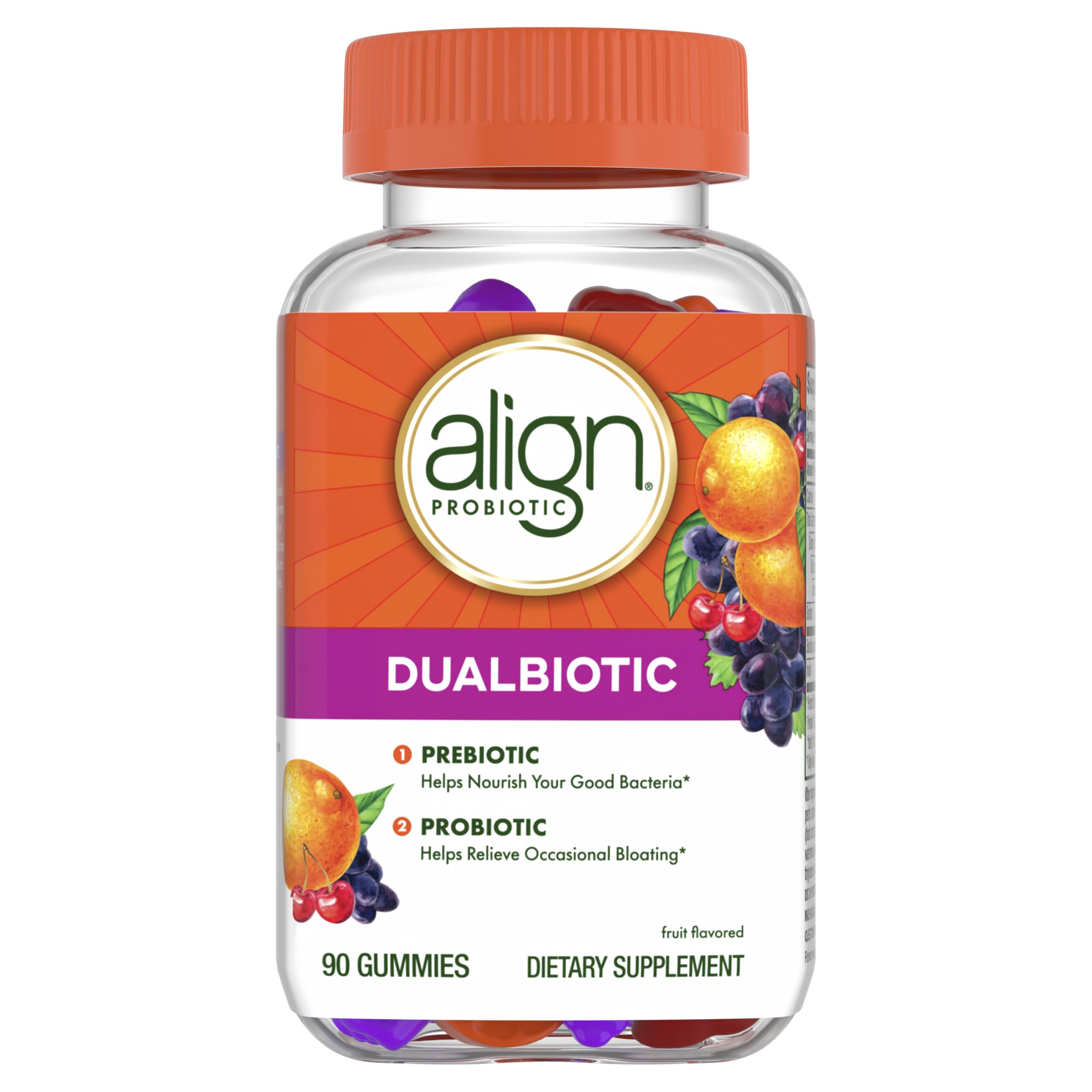 Align Dualbiotic, Prebiotics and Probiotics for Women and Men, Probiotics for Digestive Health, Prebiotics Help Nourish Good Bacteria, Natural Fruit Flavors, 90 Probiotic Gummies (Packaging May Vary)