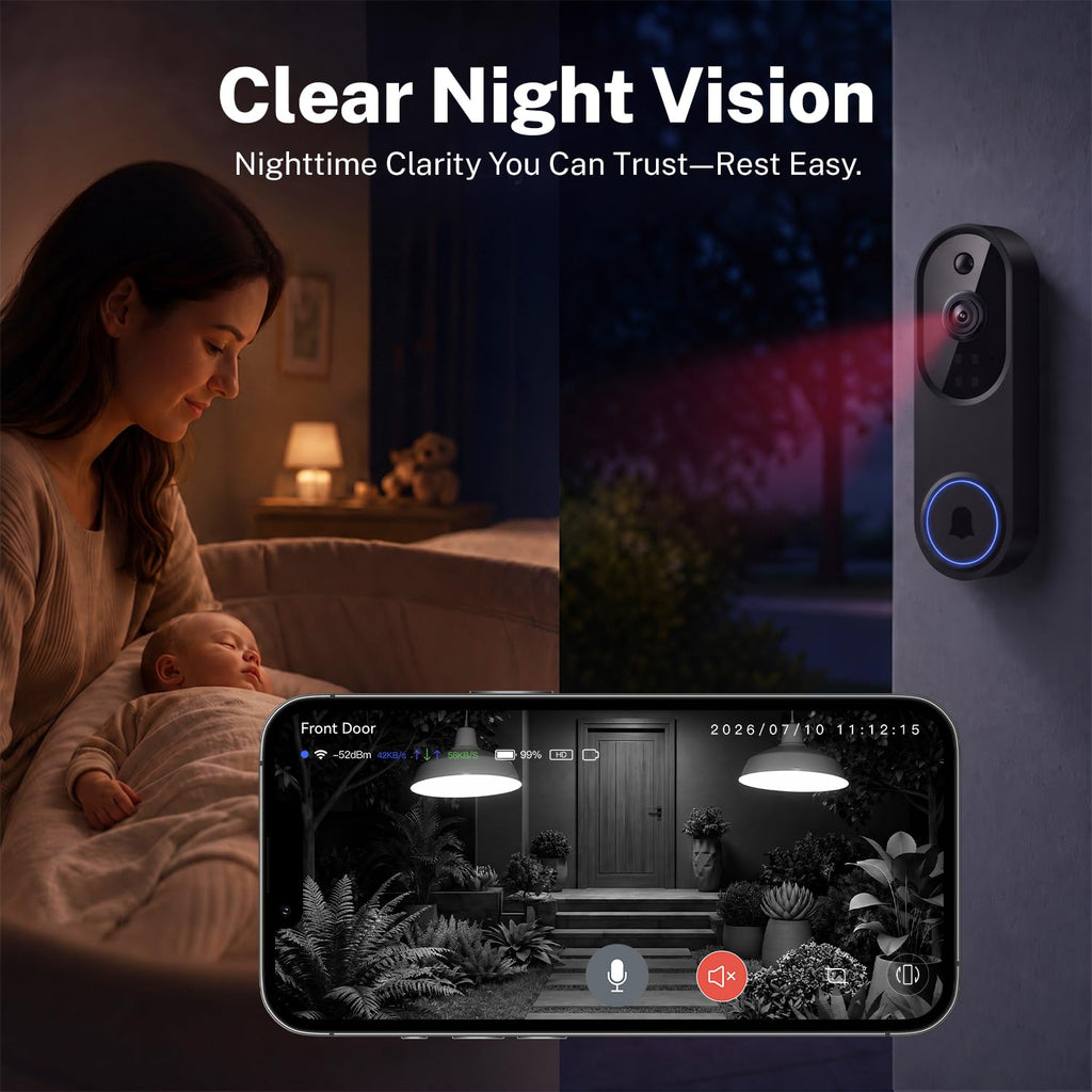 Video Doorbell Camera, Wireless Security Camera, 1080p, Battery Powered, AI Motion Detection, Night Vision, Two-Way Audio, Cloud Storage, 2.4 GWi-Fi, for Visitor, Baby Monitor