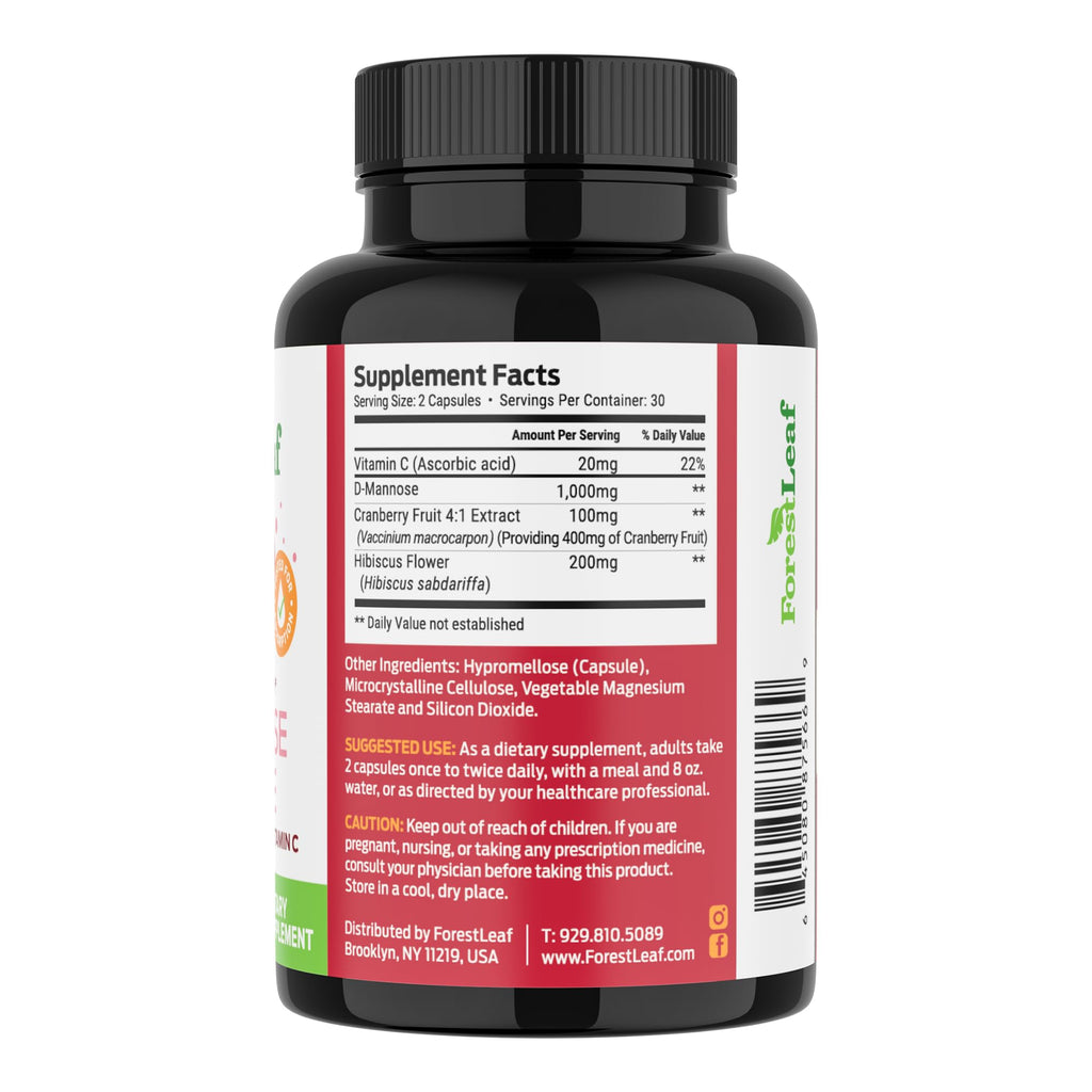 D Mannose 1000mg Capsules - D-Mannose with Cranberry, Hibiscus & VIT C, Urinary Tract Health for Women and Men, Organic DMannose Pills for UTI, Urinary Health & Bladder Support 60 Capsules