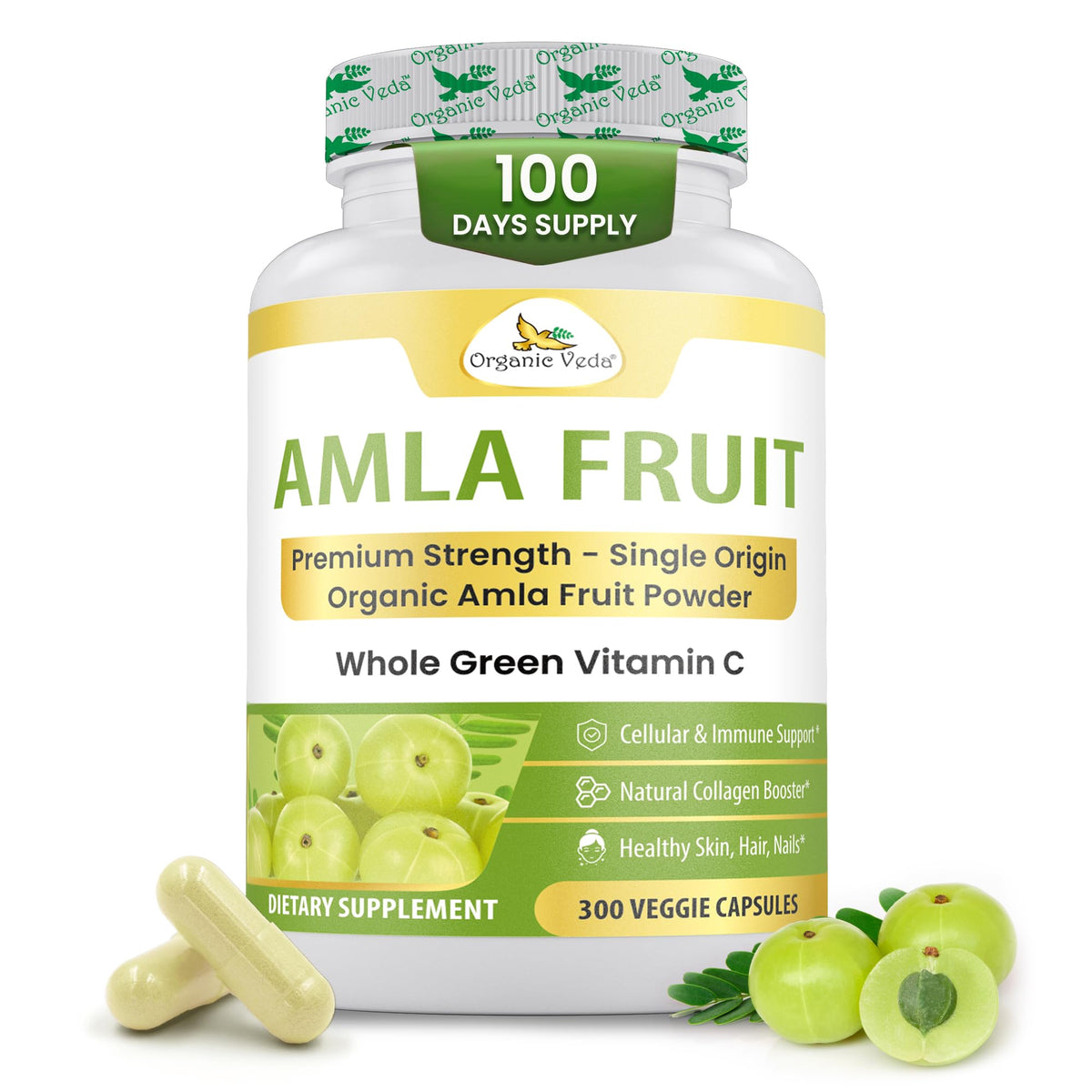 Organic Veda Amla Capsules - 1500mg, 300 Capsules - Natural Vitamin C Supplement with Antioxidants, Polyphenol for Immunity, Skin Glow & Hair Growth - Single Origin Premium Organic Amla Fruit Powder