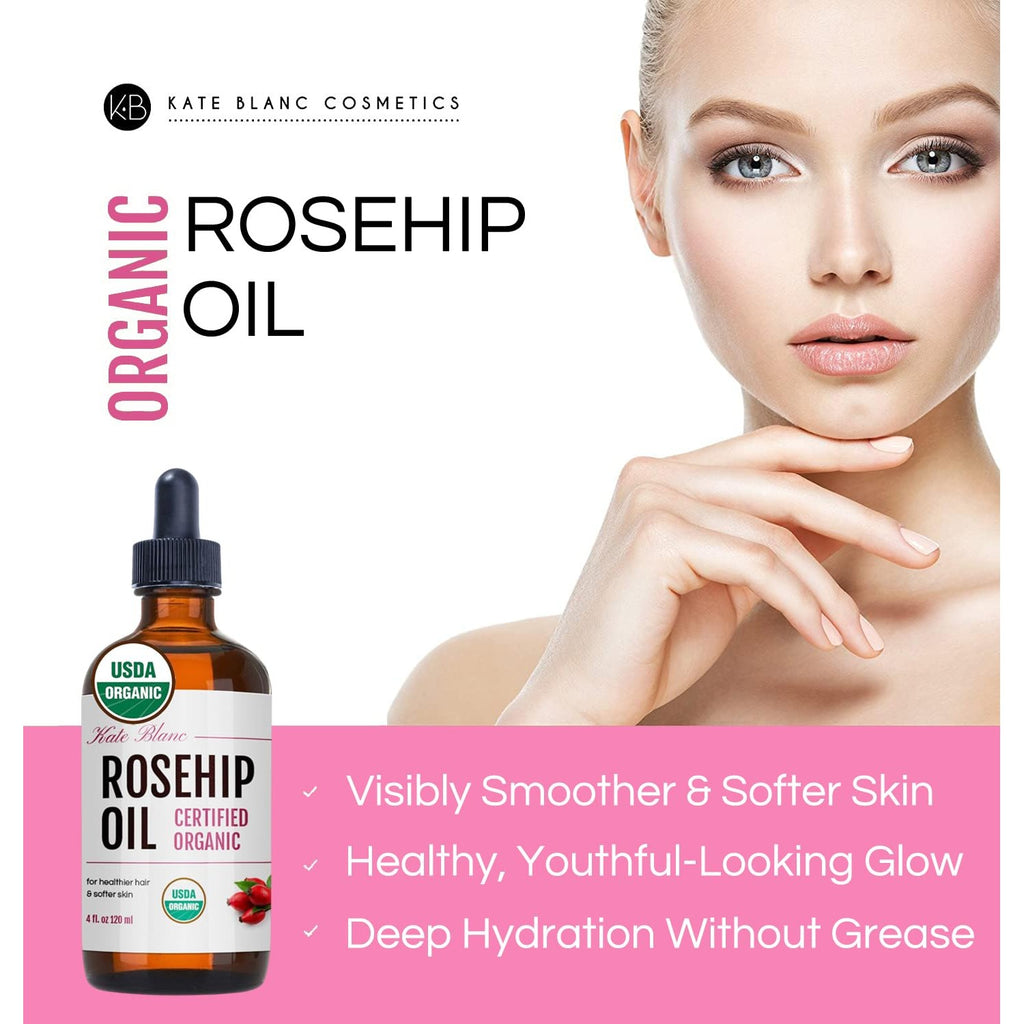 Kate Blanc Cosmetics Rosehip Oil for Face & Skin (4oz) | Organic, Pure, Cold Pressed, Rosehip Seed Face Oil for Facial & Gua Sha Massage