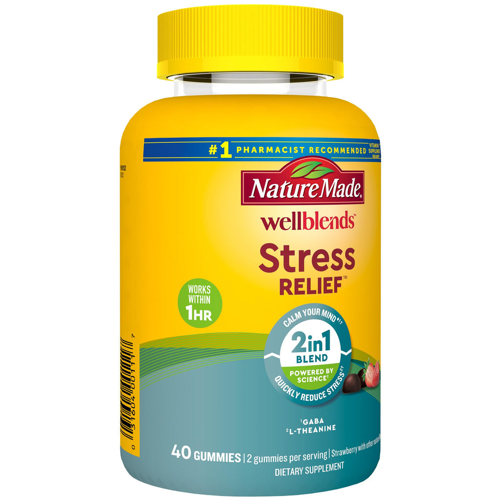 Nature Made Wellblends Stress Relief Gummies, 40 Strawberry Flavor Gummies | L theanine 200mg to Help Reduce Stress, with GABA 100mg, Same Day Stress Support