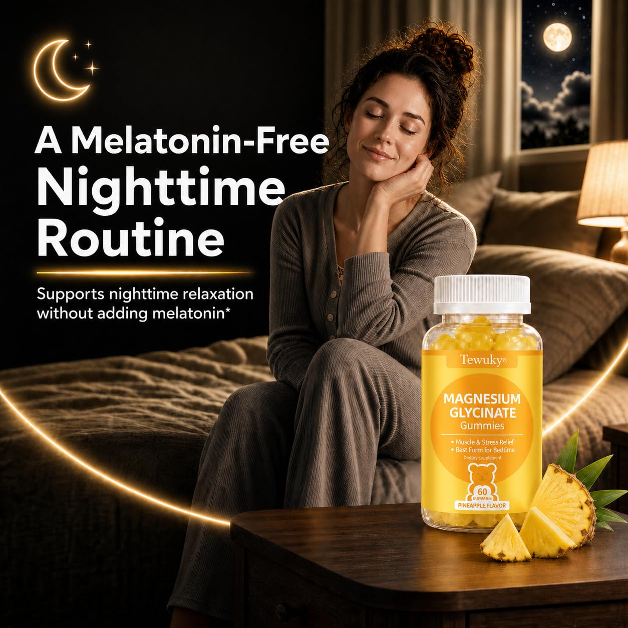 Magnesium Glycinate Gummies 2 Bottles, Sugar-Free for Adults & Kids, Magnesium Gummies for Sleep, Stress & Muscle Relief, Supports Bone & Nerve Health, Vegan, Pectin-Based, Pineapple Flavor