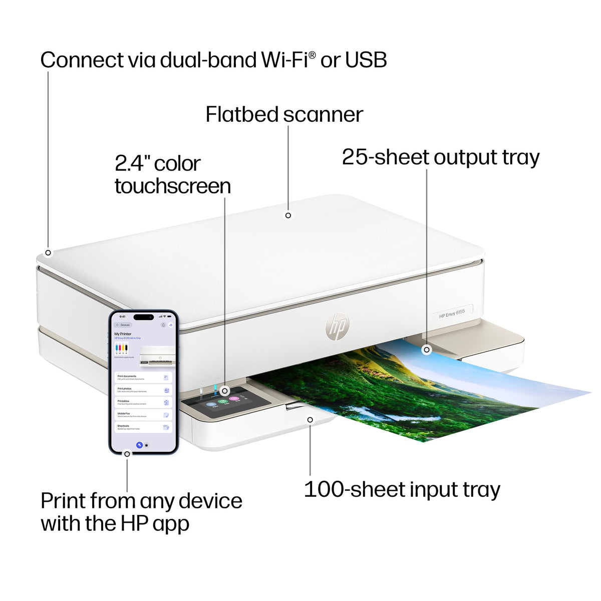 HP Envy 6155 Wireless All-in-One Color Inkjet Printer, Print, Scan, Copy, Duplex Printing Best-for-Home, 3 Month Trial of Instant Ink Included, AI-Capable (C2WR7A) Portobello