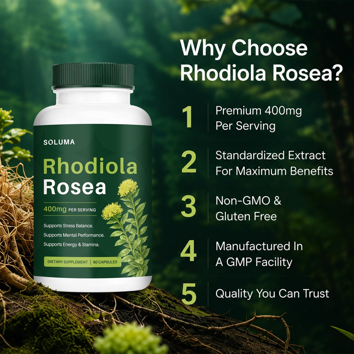 soluma Rhodiola Rosea 400mg Capsules, Adaptogen Supplement for Stress, Focus & Energy Support, Non-GMO, 60 Capsules