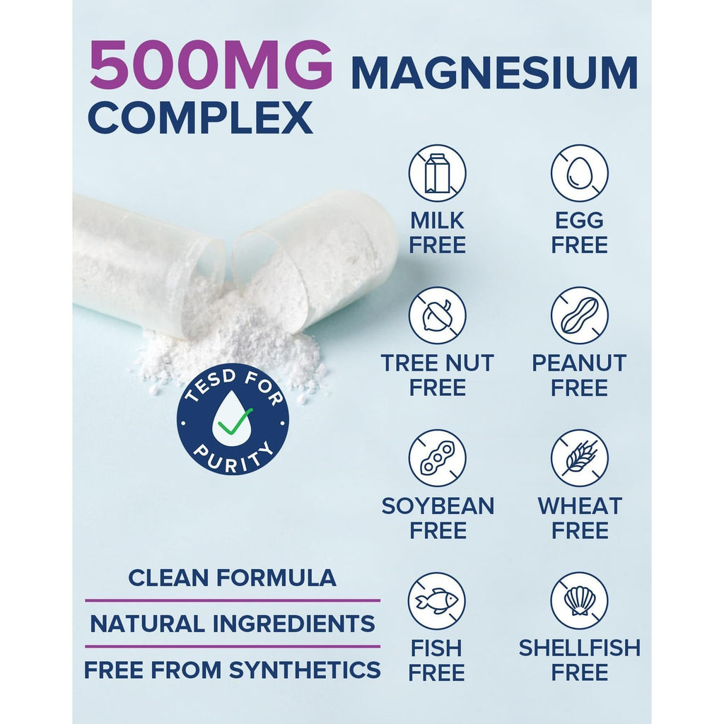 Terranics 5-in-1 Magnesium Complex Supplement 500mg, 120 Vegan Capsules | 5 Forms High Absorption Magnesium Glycinate Citrate Malate Aspartate Gluconate for Sleep Heart Health, Non-GMO