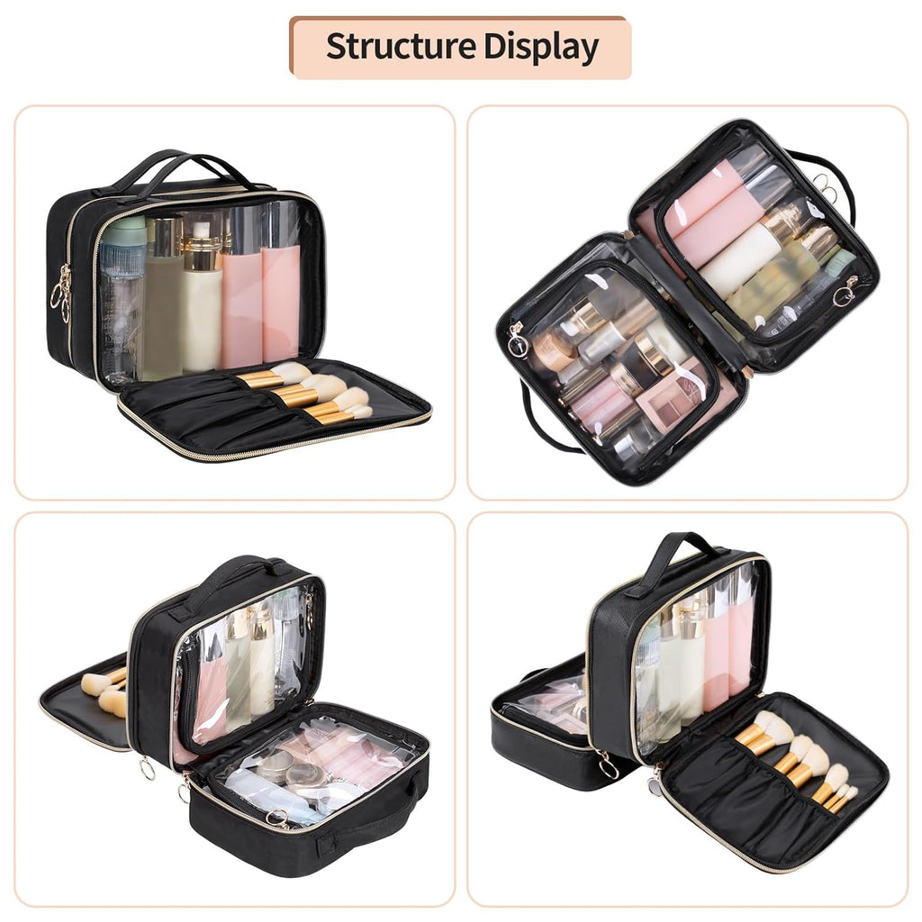 Buy now OCHEAL Makeup Bag, Double Layer Cosmetic Bag, Large Capacity New Look Clear Cosmetic Case for Women Travel Beauty Essentials, Multiple Compartments Makeup Case Organizer Zipper Pouch -Black at indiglob india