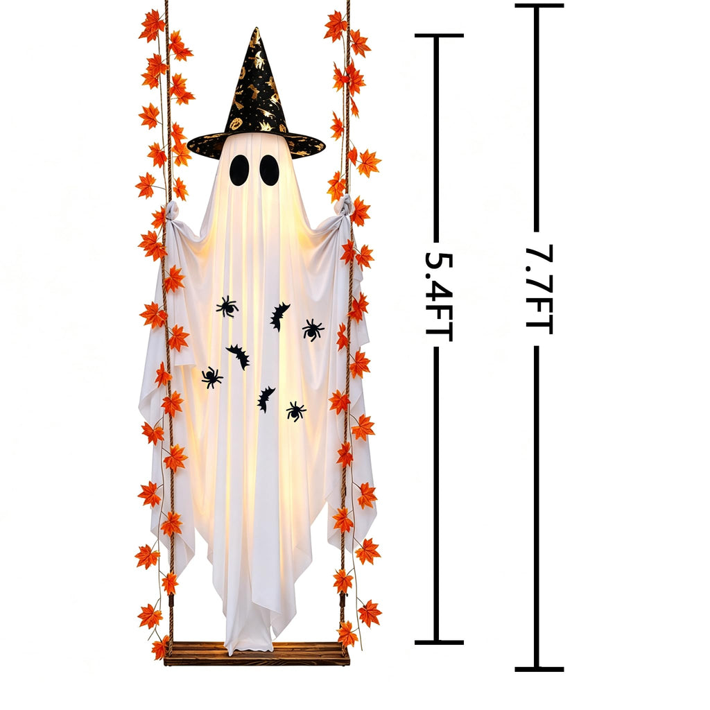 Halloween Decorations Outdoor, 5.4FT Large Hanging Swing Ghost Outdoor Decor with Witch Hat & Maple Leaf Vine, Remote Control LED Lights 8 Modes, Halloween Ghost Decorations for Front Porch Yard Tree