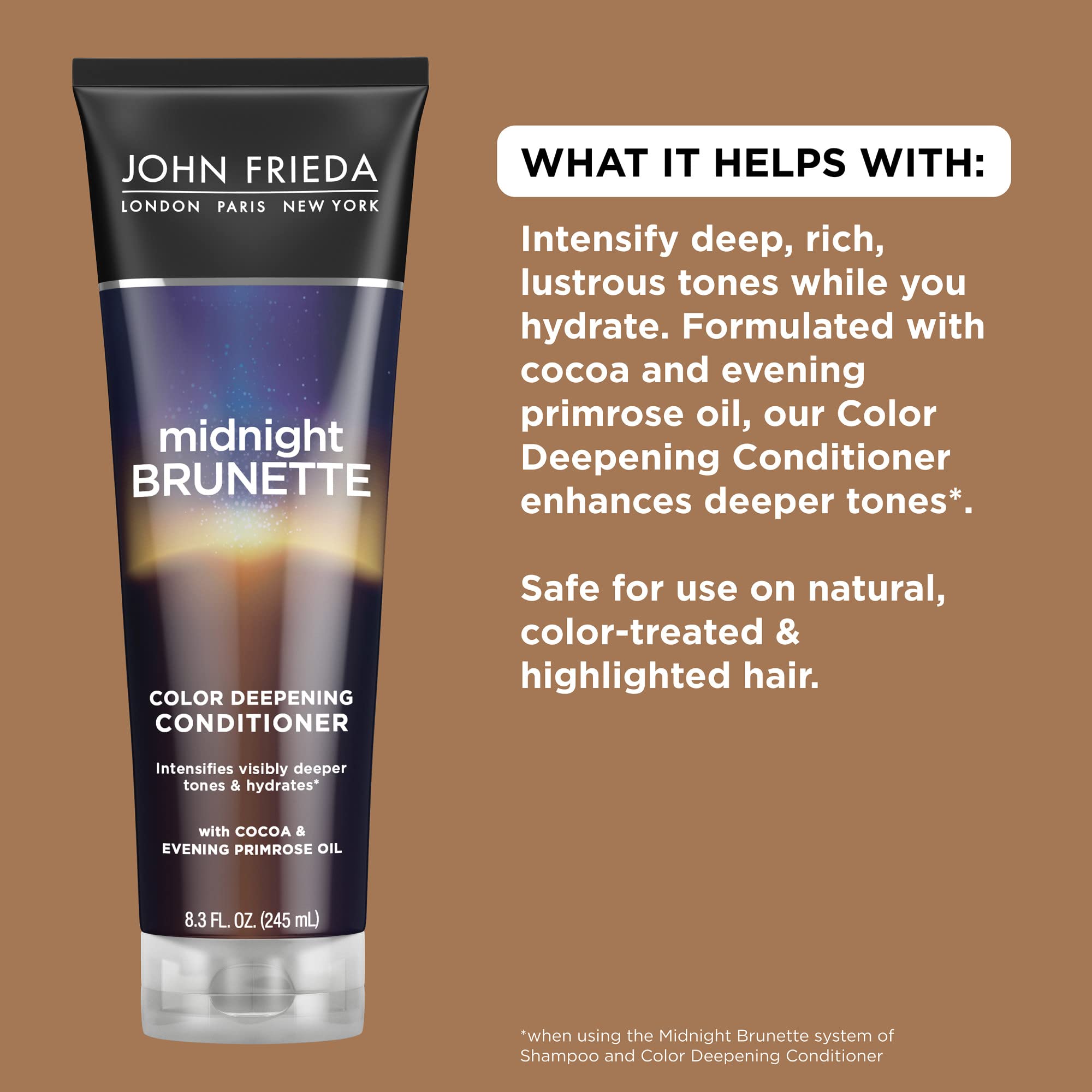 Buy now John Frieda Midnight Brunette Conditioner, Color Deepening Conditioner to Enhance and Refresh Brunette Tones, Infused with Cocoa and Primrose Oil to Nourish and Enhance Brunette Tones, 8.3 Oz at indiglob india
