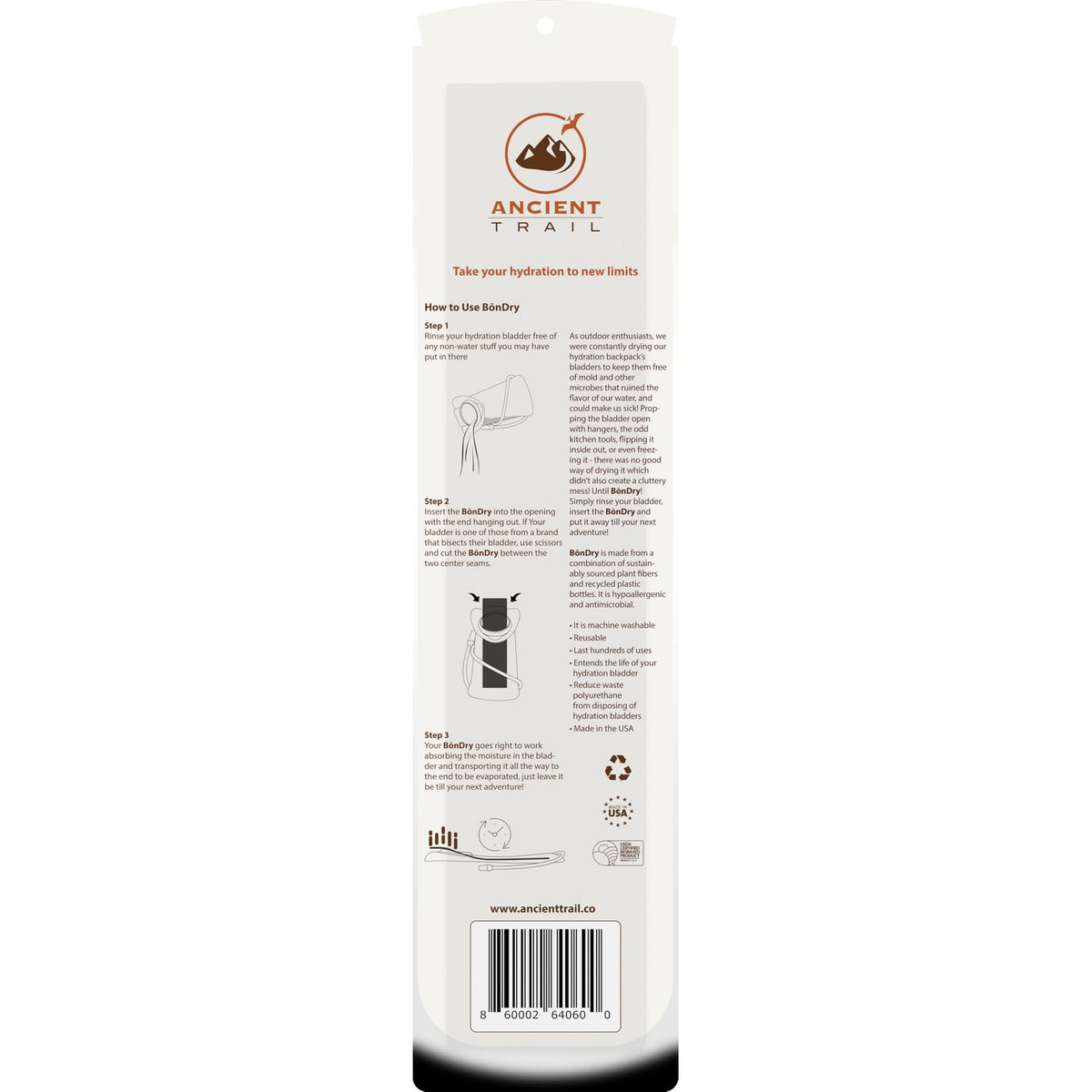 BōnDry Hydration Bladder Dryer - Patented USA-Made Insert for Hydration Packs, Reservoirs, Water Bladders & Containers with Poor Airflow