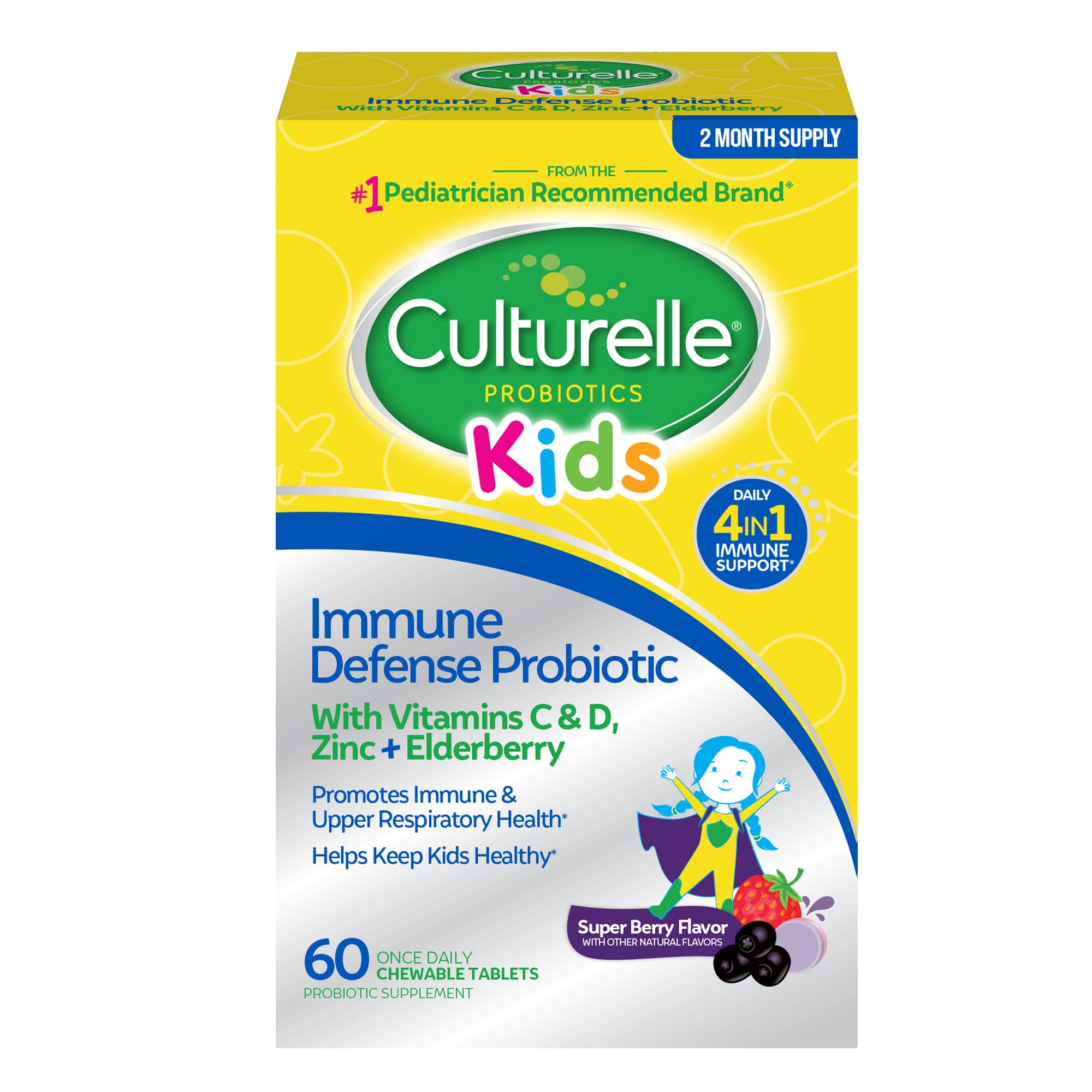 Culturelle Kids Daily Immune Defense Probiotic Chewables, Ages 3+, 30 Count | From the #1 Pediatrician-Recommended Brand±, Digestive Gut Health, 4-in-1 Immune Support*, Zinc, Vitamins C & D, Elderberry