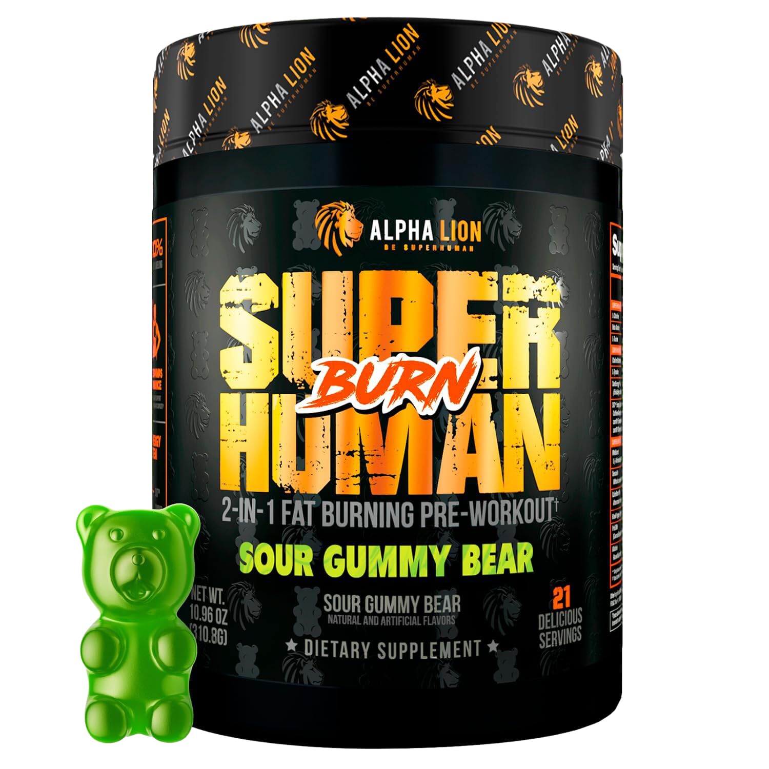 ALPHA LION Superhuman Burn, 2 in 1 Metabolism Booster Pre Workout and Men's Thermogenic Fat Burner, Sour Gummy Bear (Hulk Juice), Package Varies